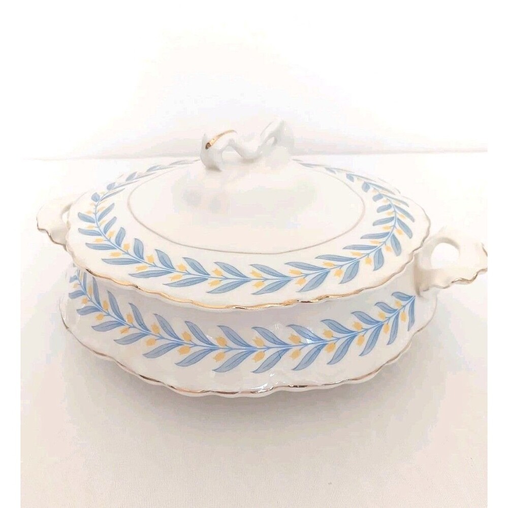 VTG W.S. George Radisson Apollo Covered Vegetable Bowl Blue Leaves Yellow Buds